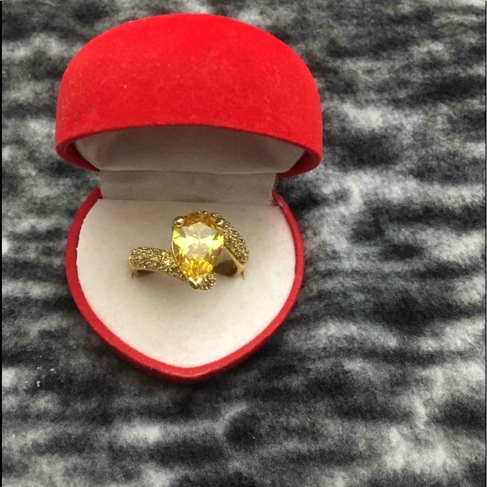 925 Silver Gold Plated Pear Yellow Topaz CZ Ring